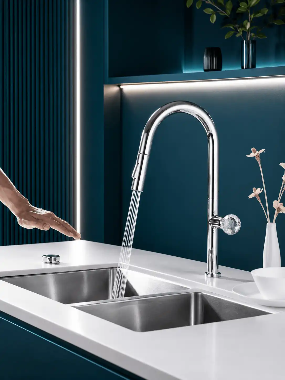 Robinet de Cuisine à Bec Rétractable Poignée Cristal Fancell CRISTALLO — finition chrome