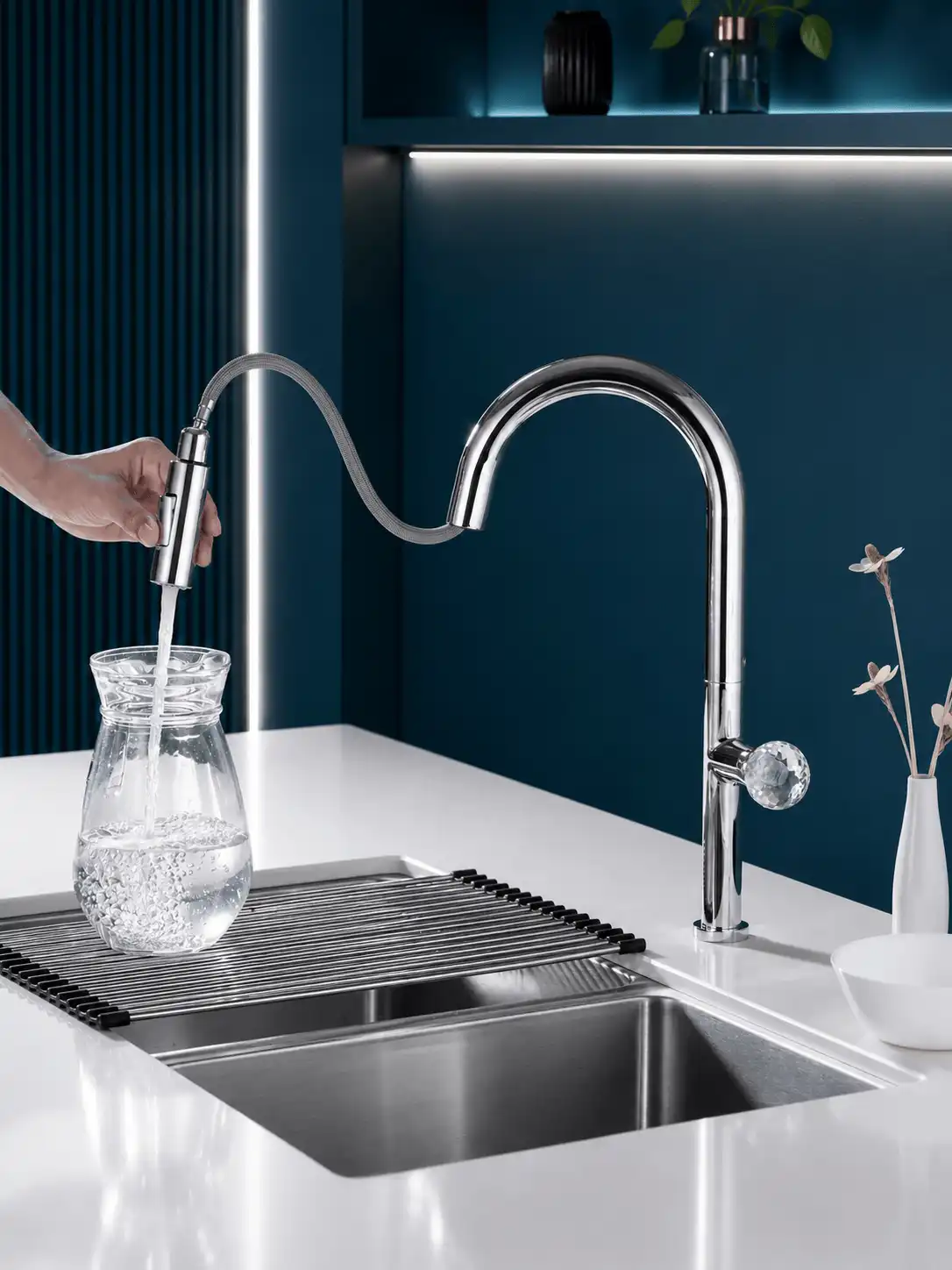 Robinet de Cuisine à Bec Rétractable Poignée Cristal Fancell CRISTALLO — finition chrome