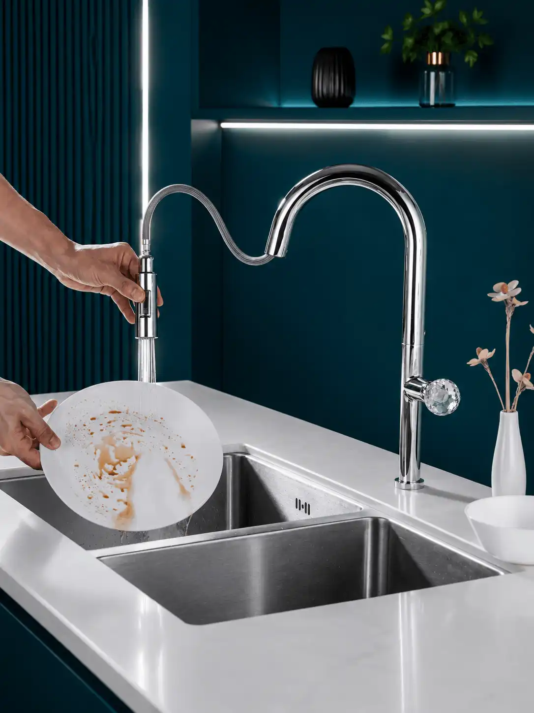 Robinet de Cuisine à Bec Rétractable Poignée Cristal Fancell CRISTALLO — finition chrome