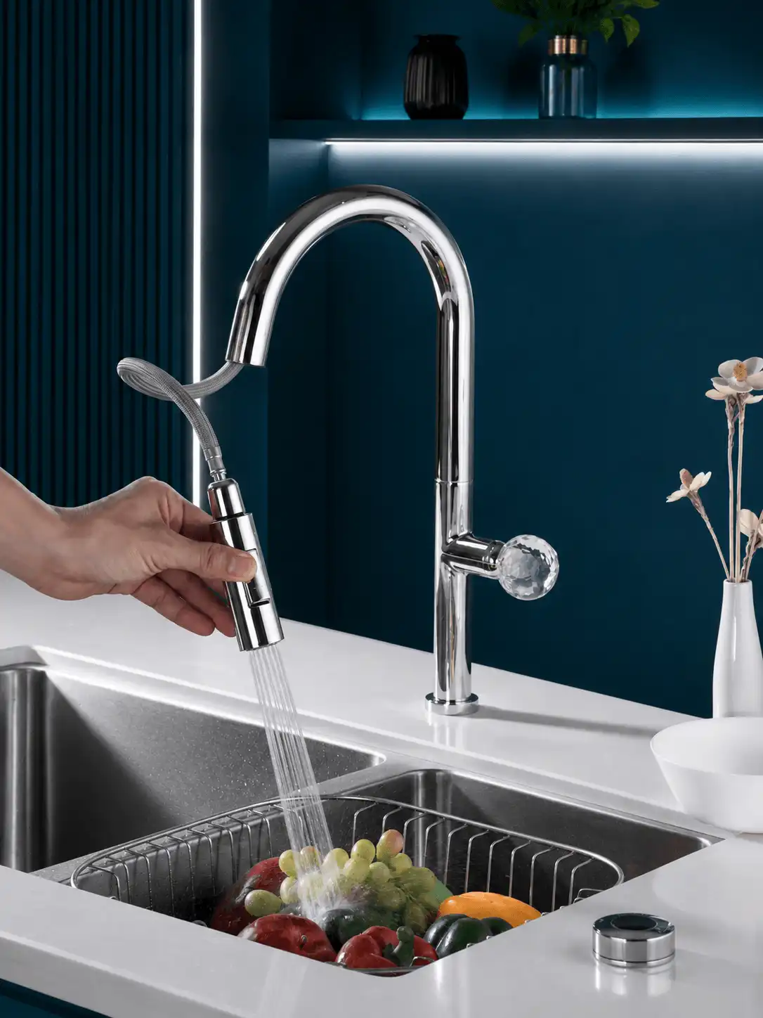 Robinet de Cuisine à Bec Rétractable Poignée Cristal Fancell CRISTALLO — finition chrome